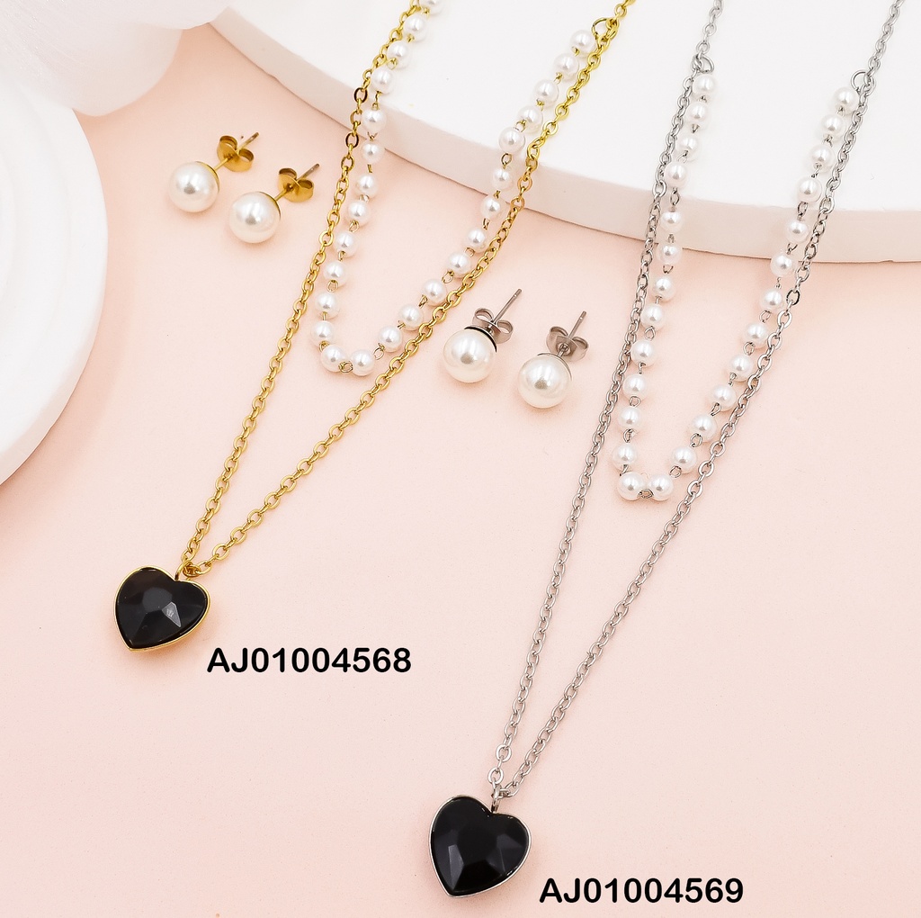 JUEGO PERLAS DOBLE CAD.PERLAS/TRAD.DIJE:CORAZON🖤