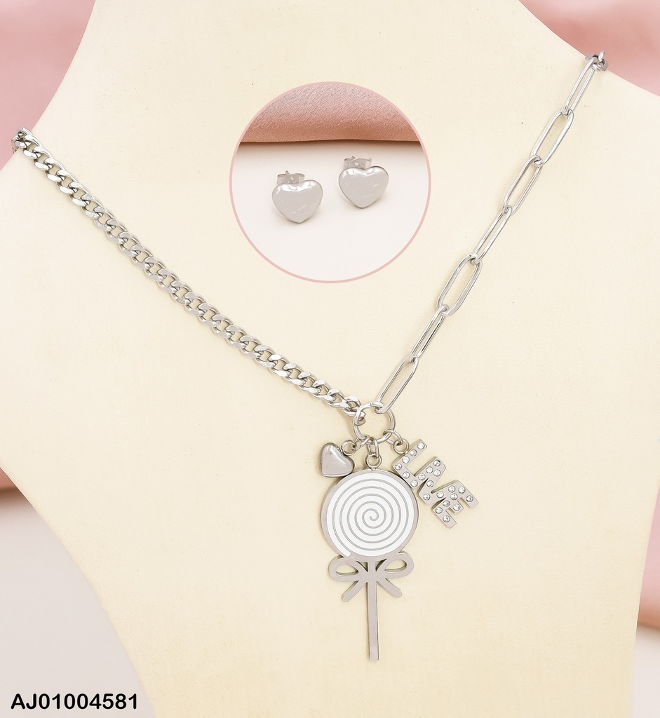 JUEGO PLAT. ARETES CORAZON CAD.2 ESTILOS DIJES:PALETA/"LIVE"