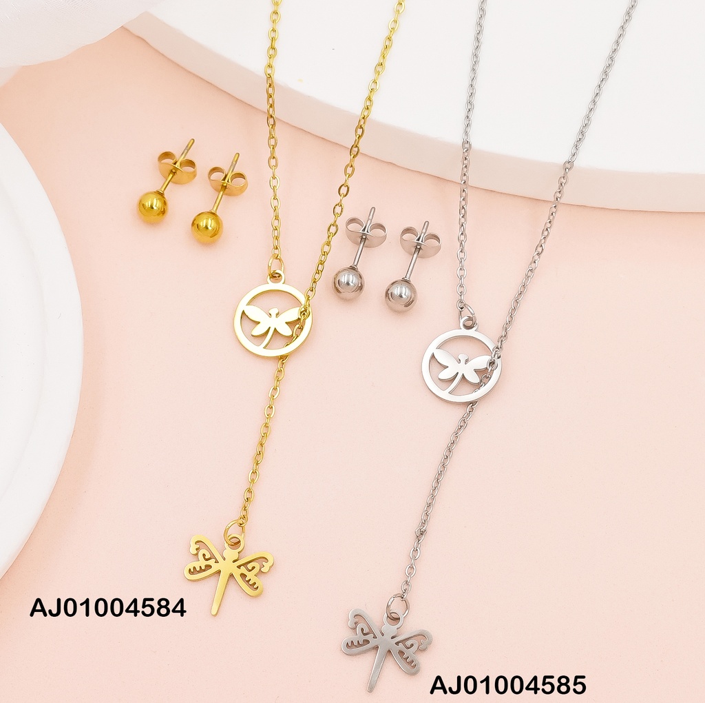 JUEGO PLAT. ARETES PELOTITAS CADENA LIBELULAS CIRCULO/LIBRE