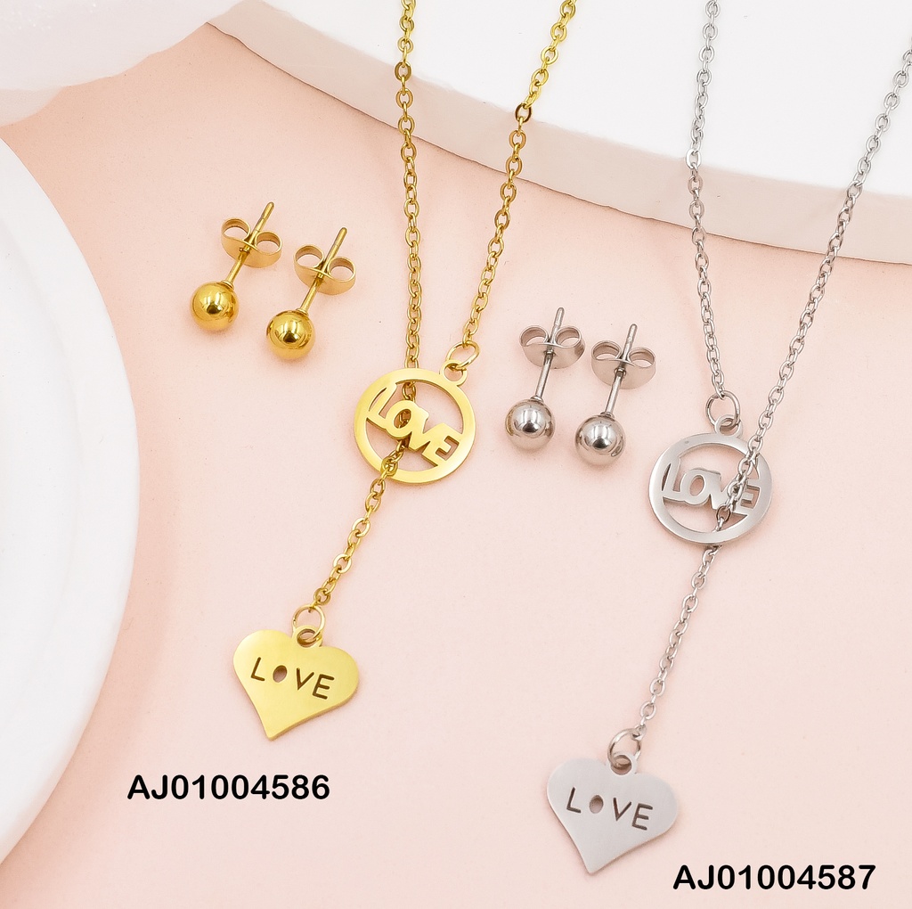 JUEGO PLAT. ARETES PELOTITAS DIJES:"LOVE"CIRCULO/CORAZON