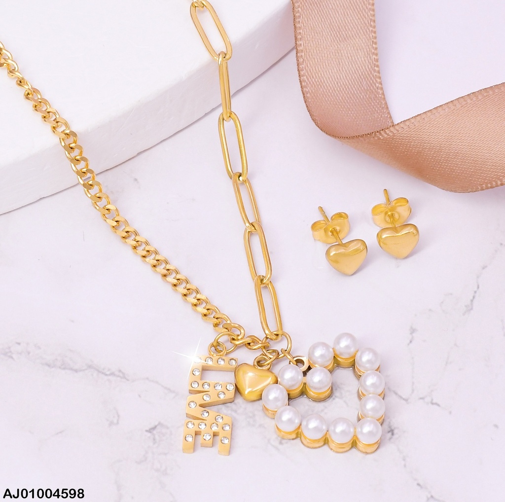 JUEGO CORAZONES ARETES💛DIJES:PERLITAS/"LIVE"/DORADO
