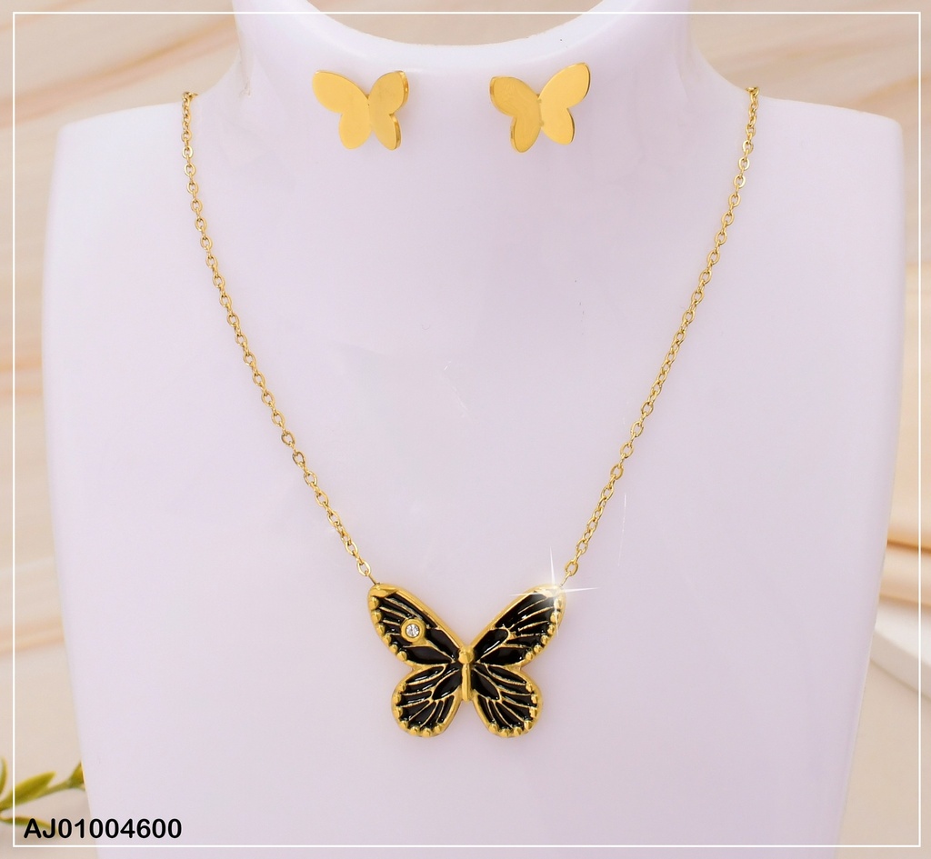 JUEGO MARIPOSAS ARETES PLACAS,DIJE NEGRA/DOR/ZIRC.RD