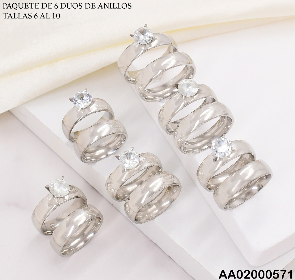 PAQUETE 6 ANILLOS MT. PLAT. ANCHO DÚO COMPROMISO T3242