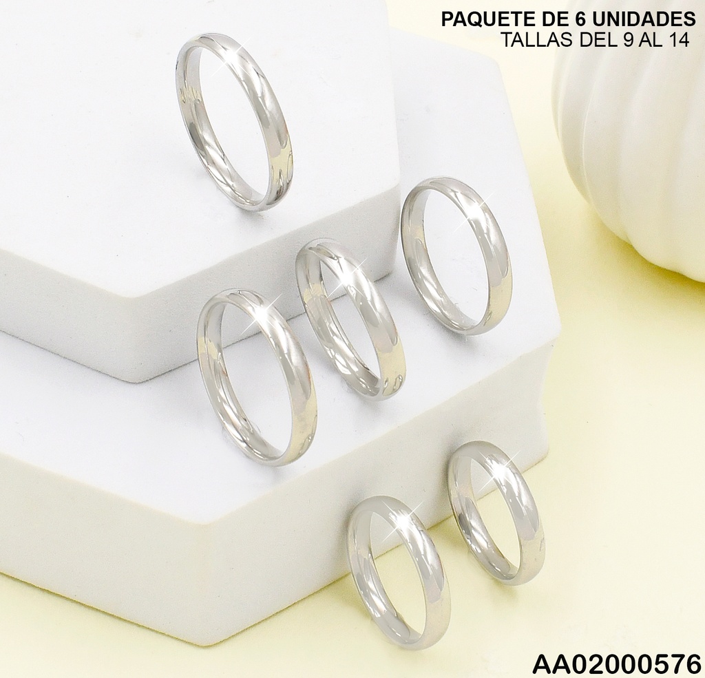 PAQUETE 6 ANILLOS PLATEADOS FINOS LISOS A9137