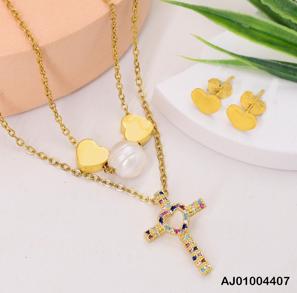 JUEGO DETALLES CORAZONES DOBLE CAD. CRUZ CORAZON PERLA (NPE2025)