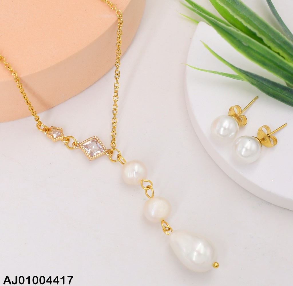 JUEGO DETALLES ARETES PERLA / DIJE 2 PERLAS-GOTA COLGANTE (NPE2025)