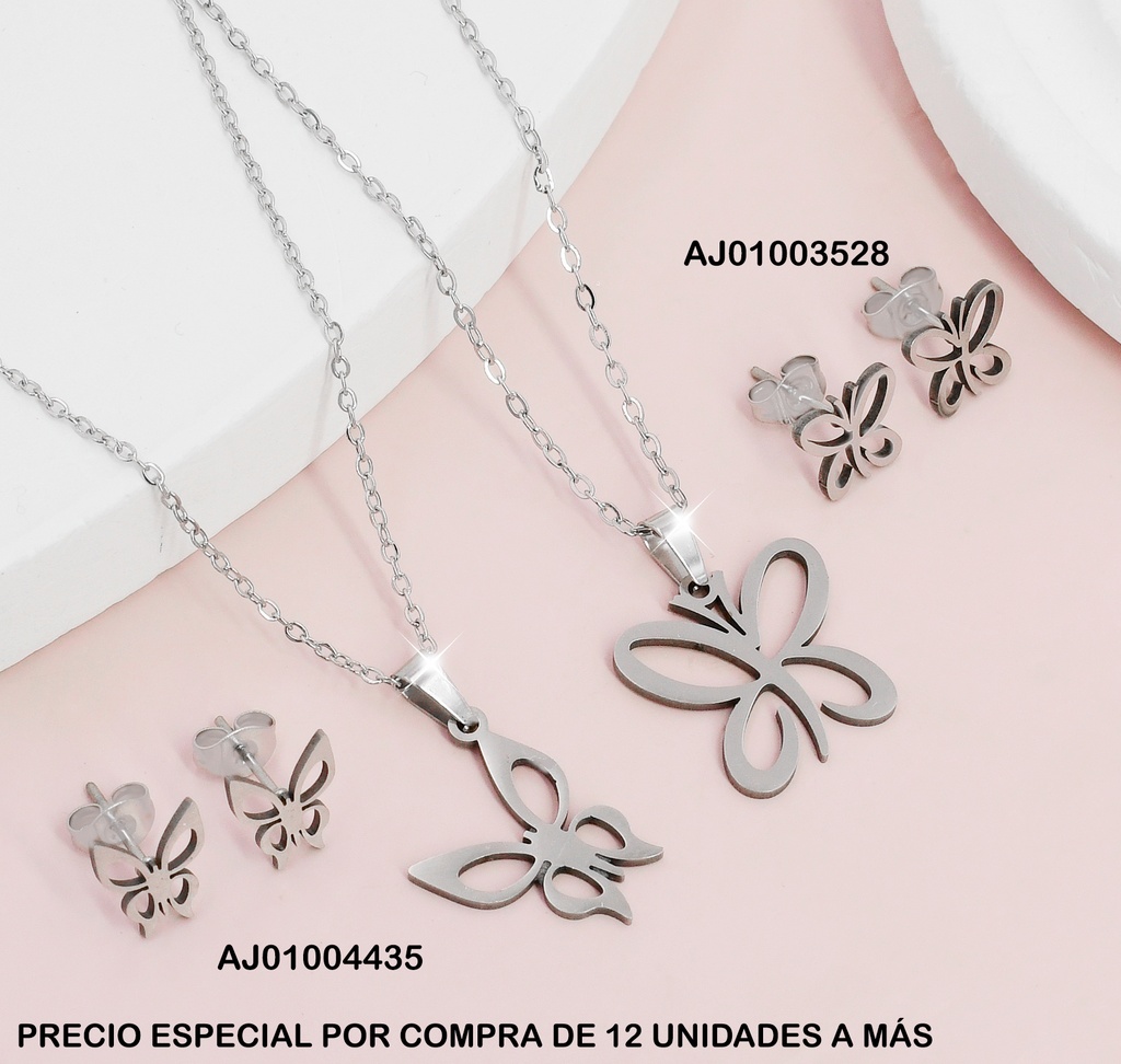 JUEGO PLATEADO ARETES/DIJE MARIPOSA DE ALA EC.