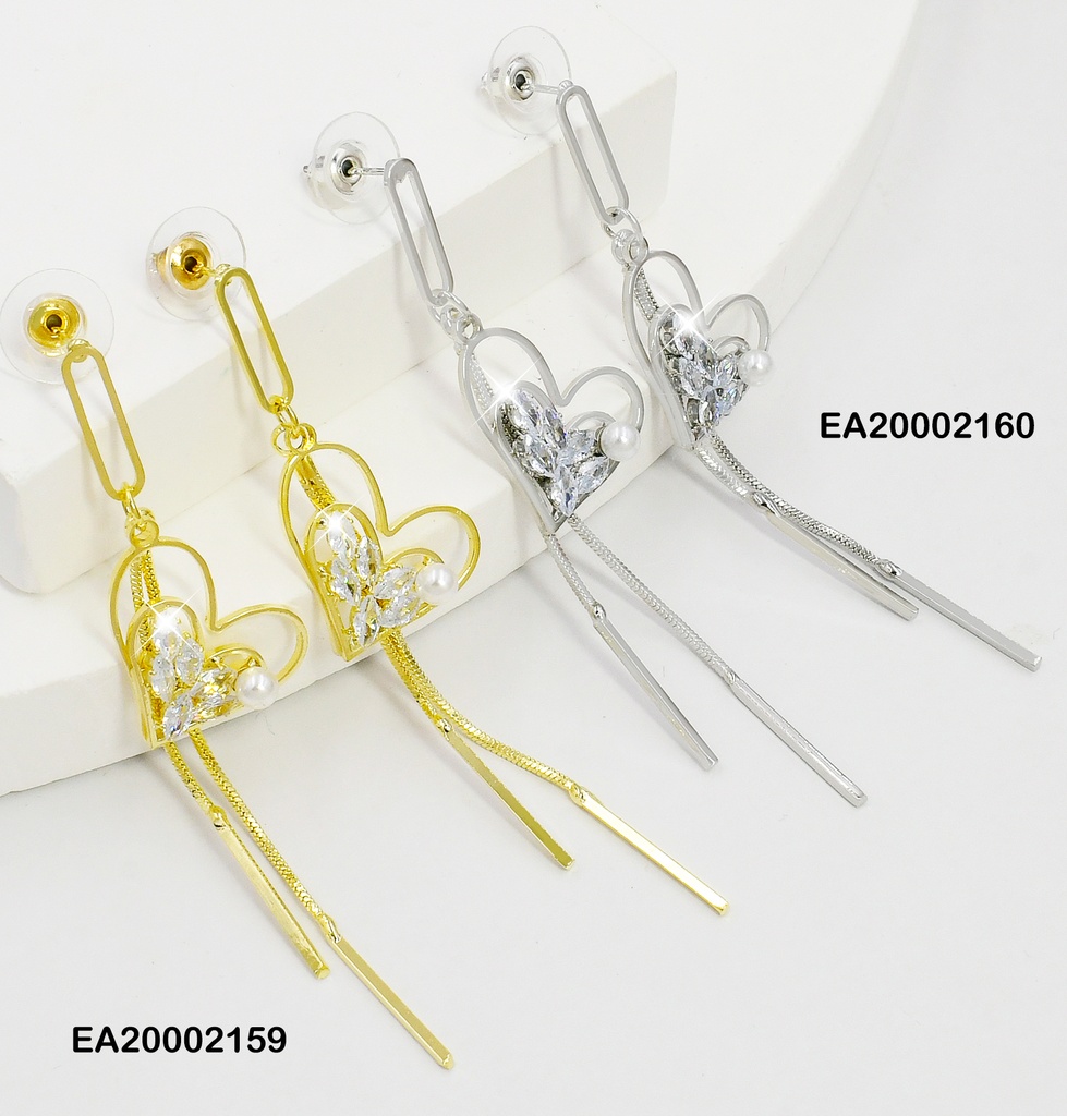 ARETES PLAT. DOBLE CROQUI CORAZONES ZIRC./PERLA/COLGANTES