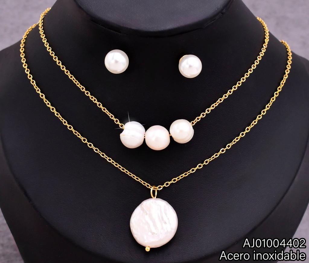 JUEGO ARETES PERLA CAD. DOBLE DIJE RD. 3 PERLA SA273-5 (NPE2025)