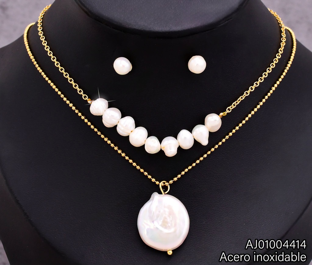 JUEGO ARETES PERLA CAD. DOBLE 9 PERLAS DIJE RD SA274-5 (NPE2025)