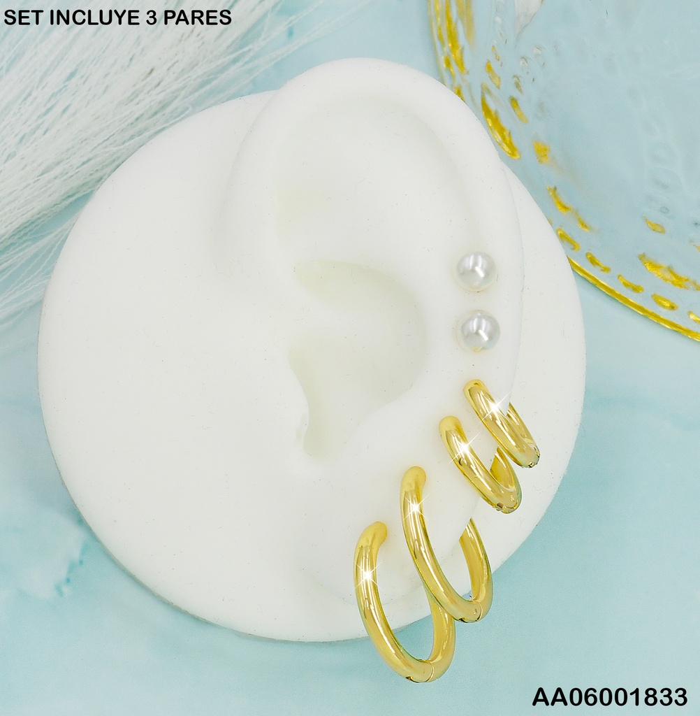 PAQ. 3 ARETES PERLA ARGOLLA GRUESA SA290-5
