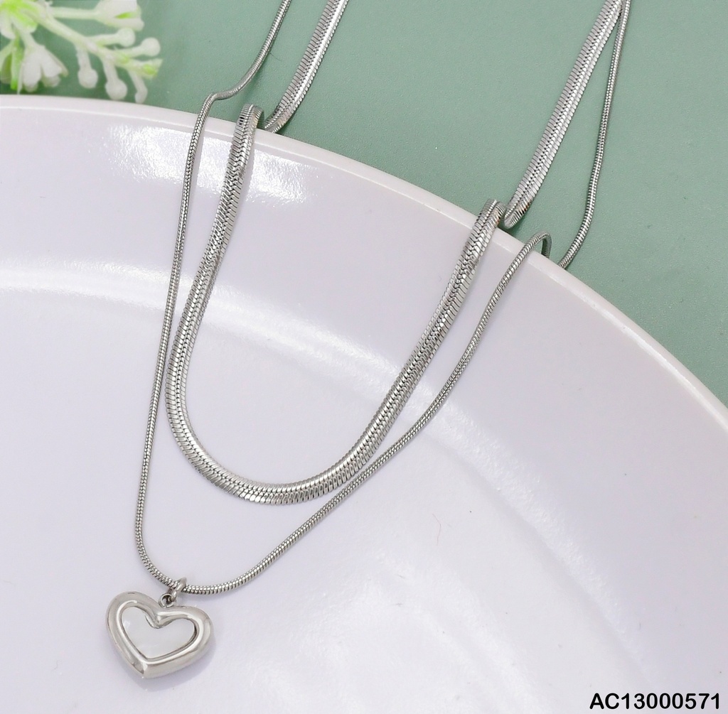 CADENA PLAT. DOBLE SERPIENTE/RATON DIJE:CORAZON BLANCO