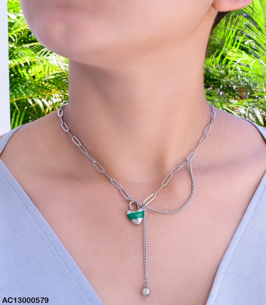 CADENA PLAT. DIJE CANDADO CORAZON VERDE/PLAT.CA074-45