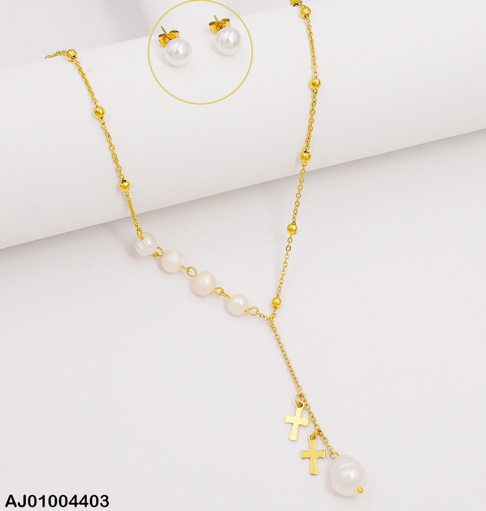 JUEGO ARETES PERLA DIJE CRUZ LISO SA255-5 (NPE2025)