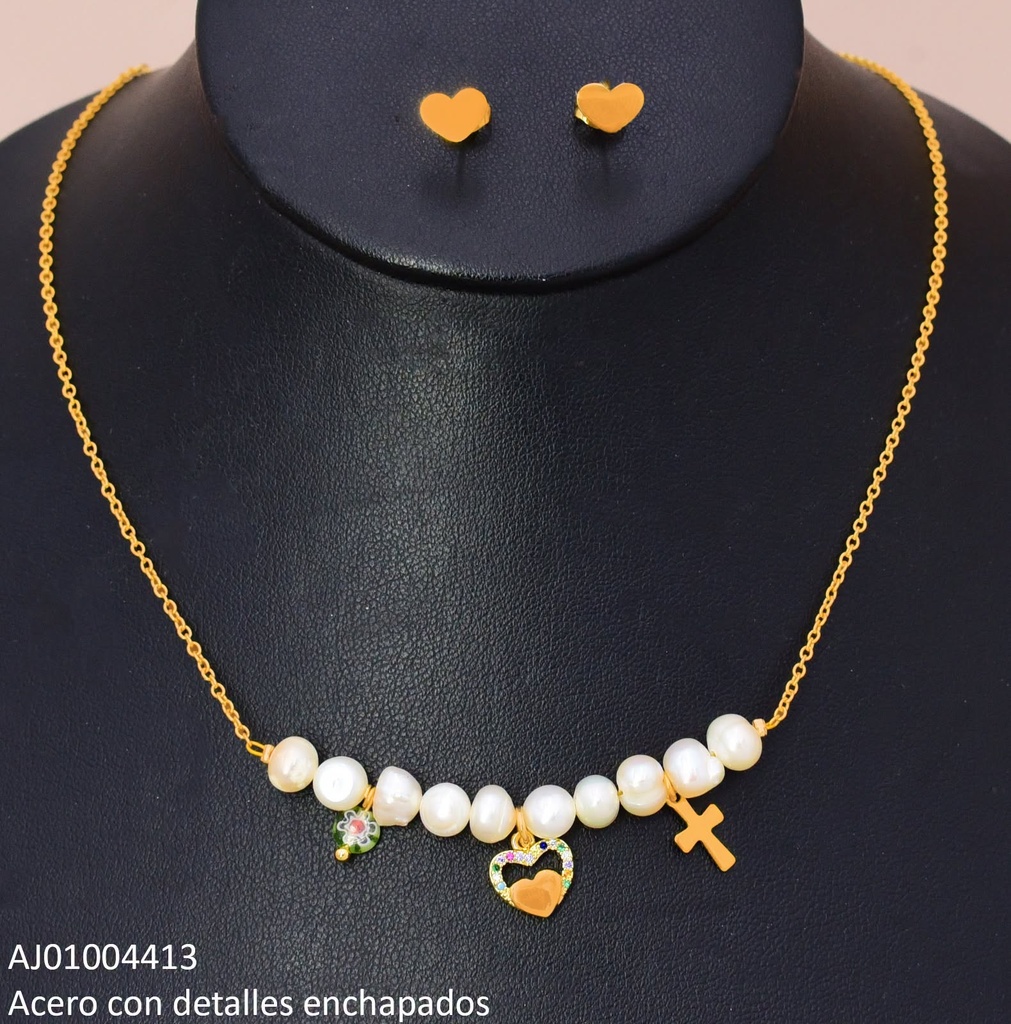 JUEGO ARETES PLACA PERLAS CRUZ/CORZN/FLOR SA271-5 (NPE2025)