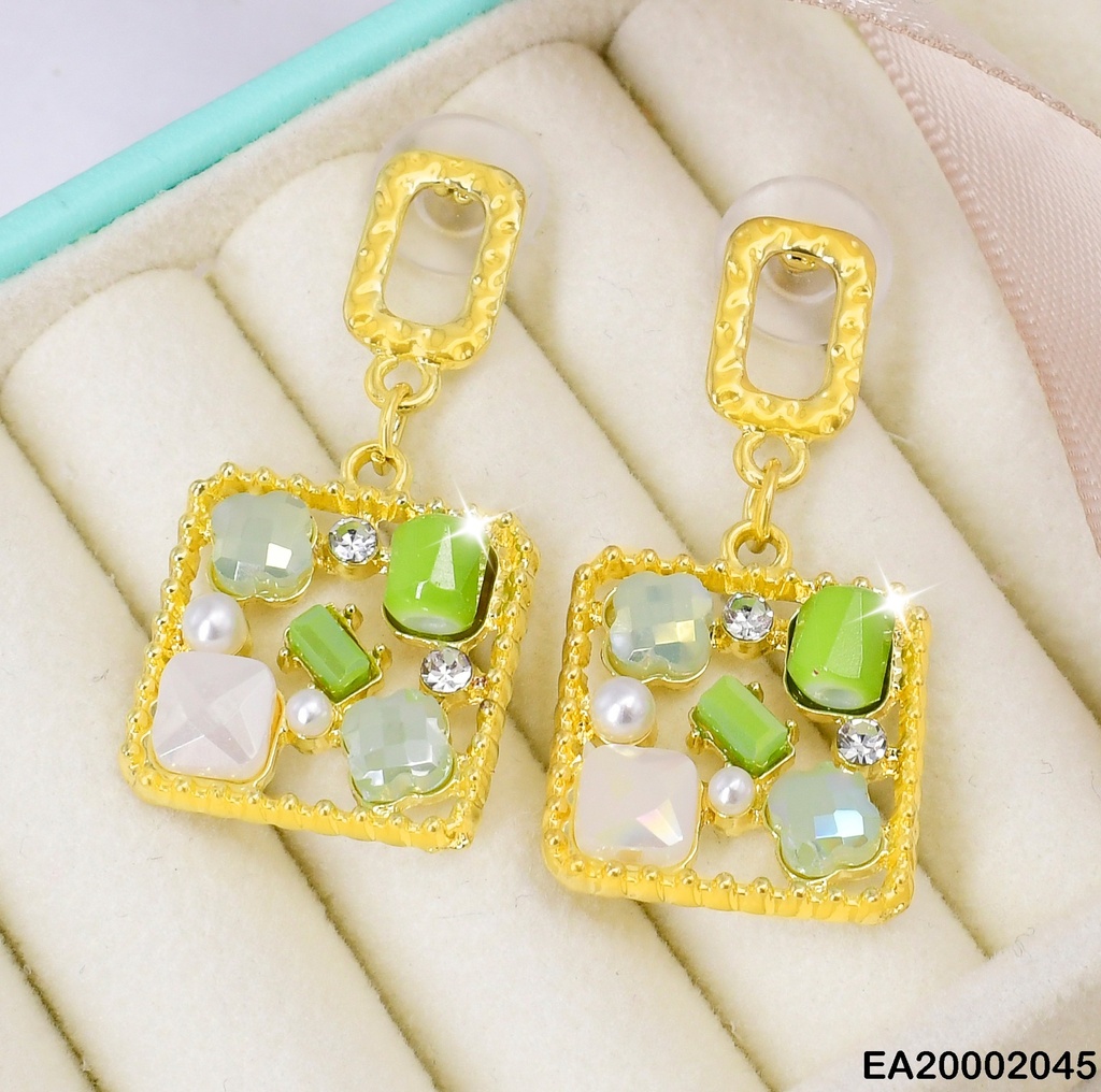 ARETES CUADRO PIEDRAS VERDE/BEIGE EE048-120 (NPE2025)