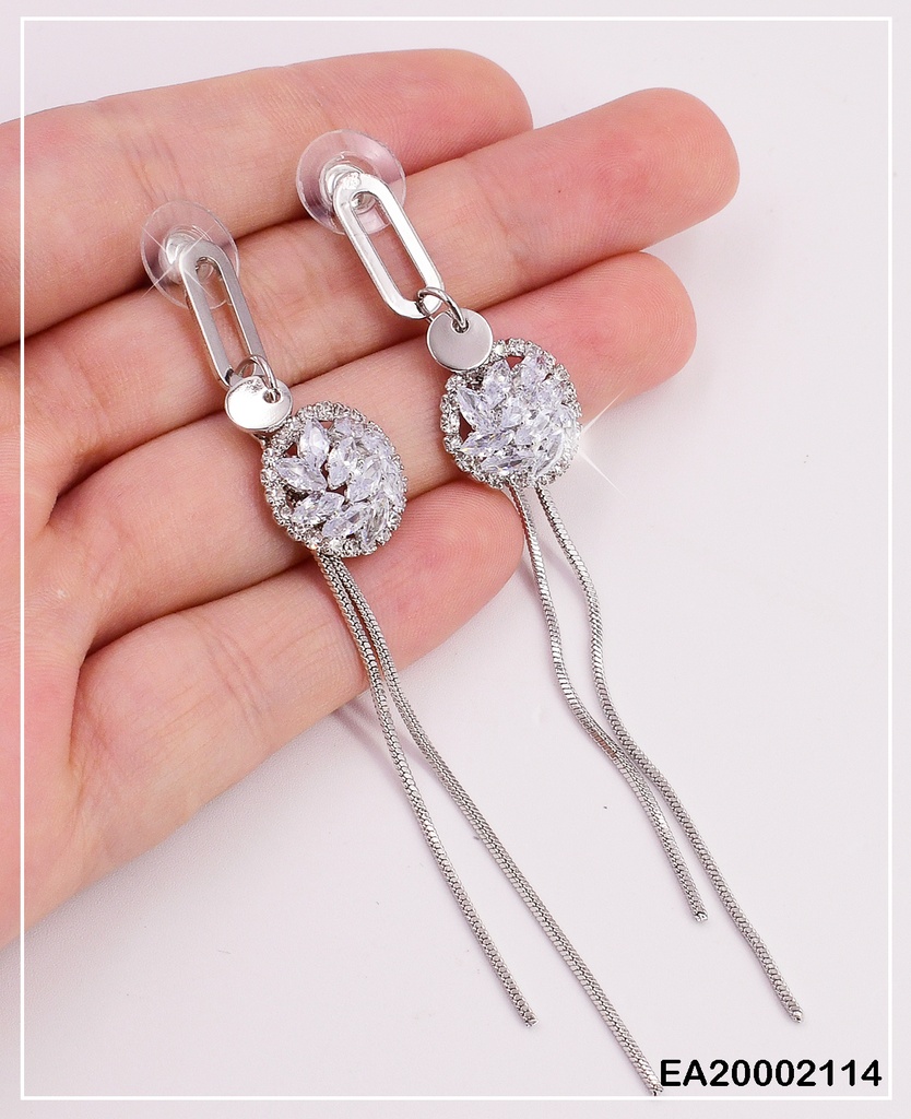 ARETES PLAT. OVALO PLACA RD C/ZIRC.-2 LINEAS COLGANTES