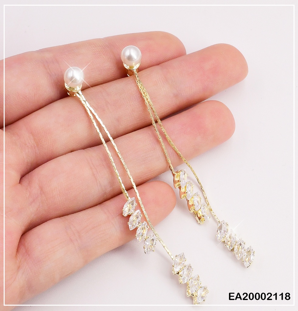 ARETES PLAT. LAZO ZIRC.C/COLGANTES 2 LINEAS/2 PERLAS