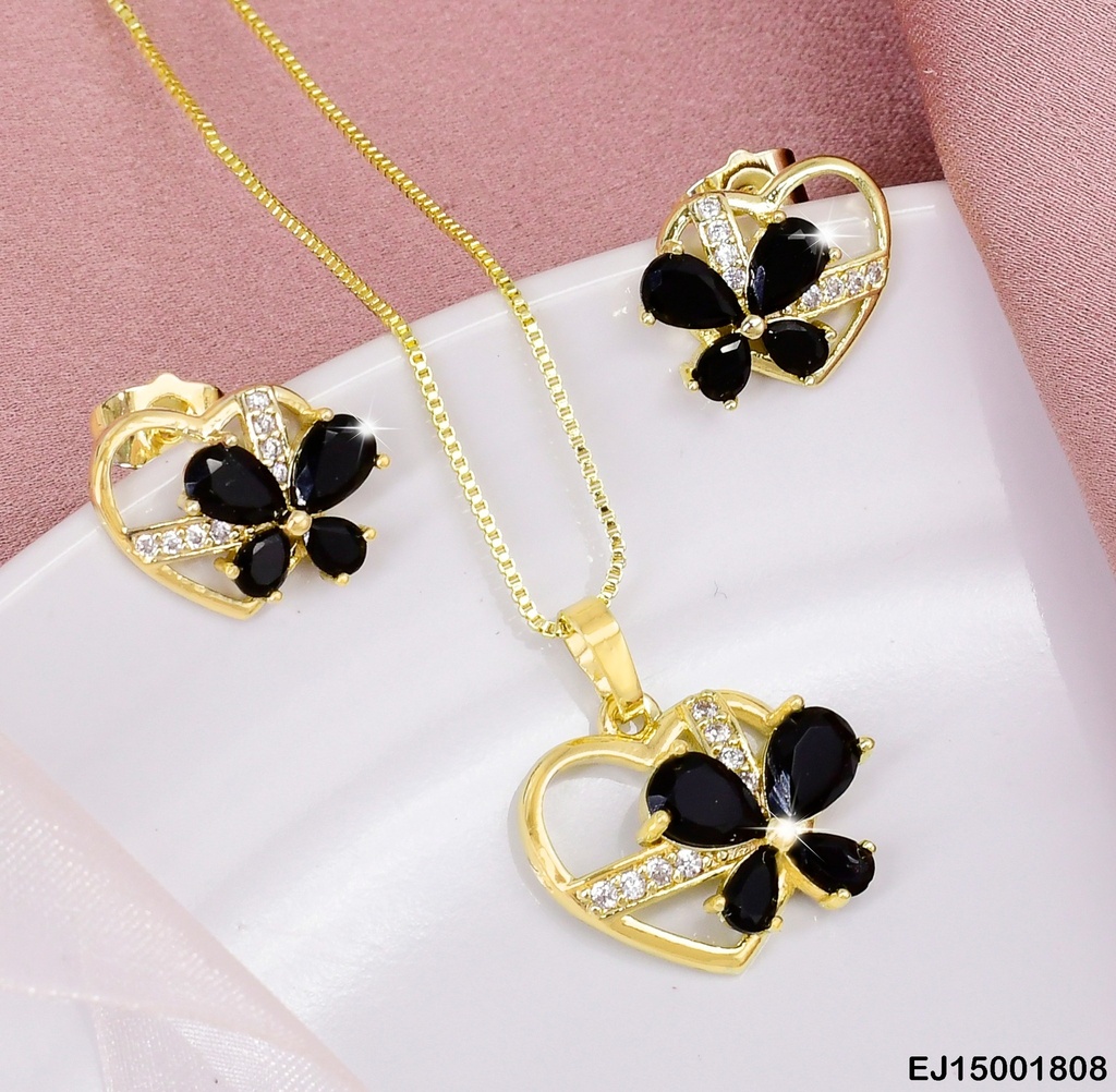 JUEGO ARETES/DIJE CORAZON MARIPOS ZIRC. NEGRA SE146-104