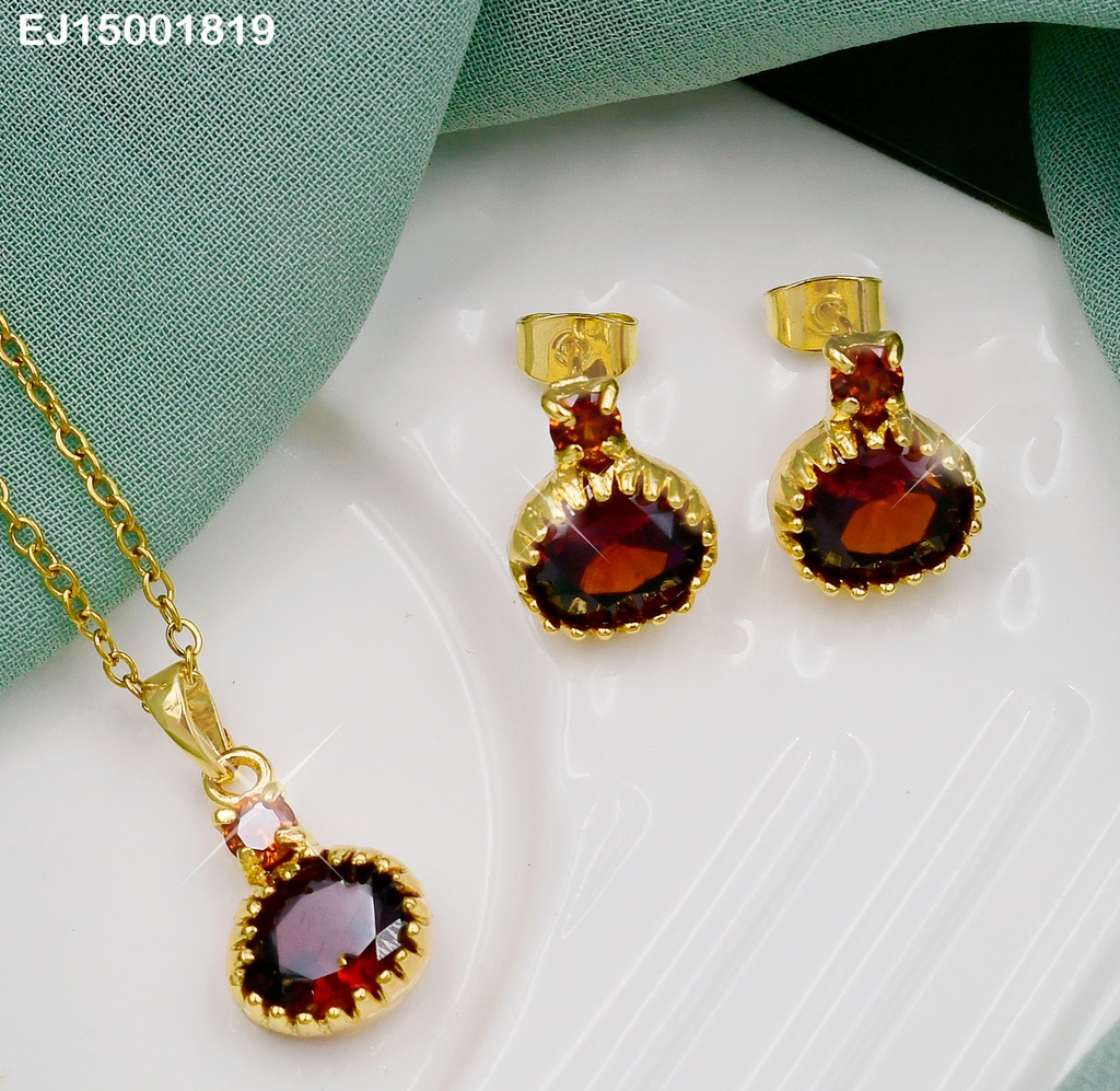JUEGO ZIRCONIA OVALADA HORIZ. ROJA VINO