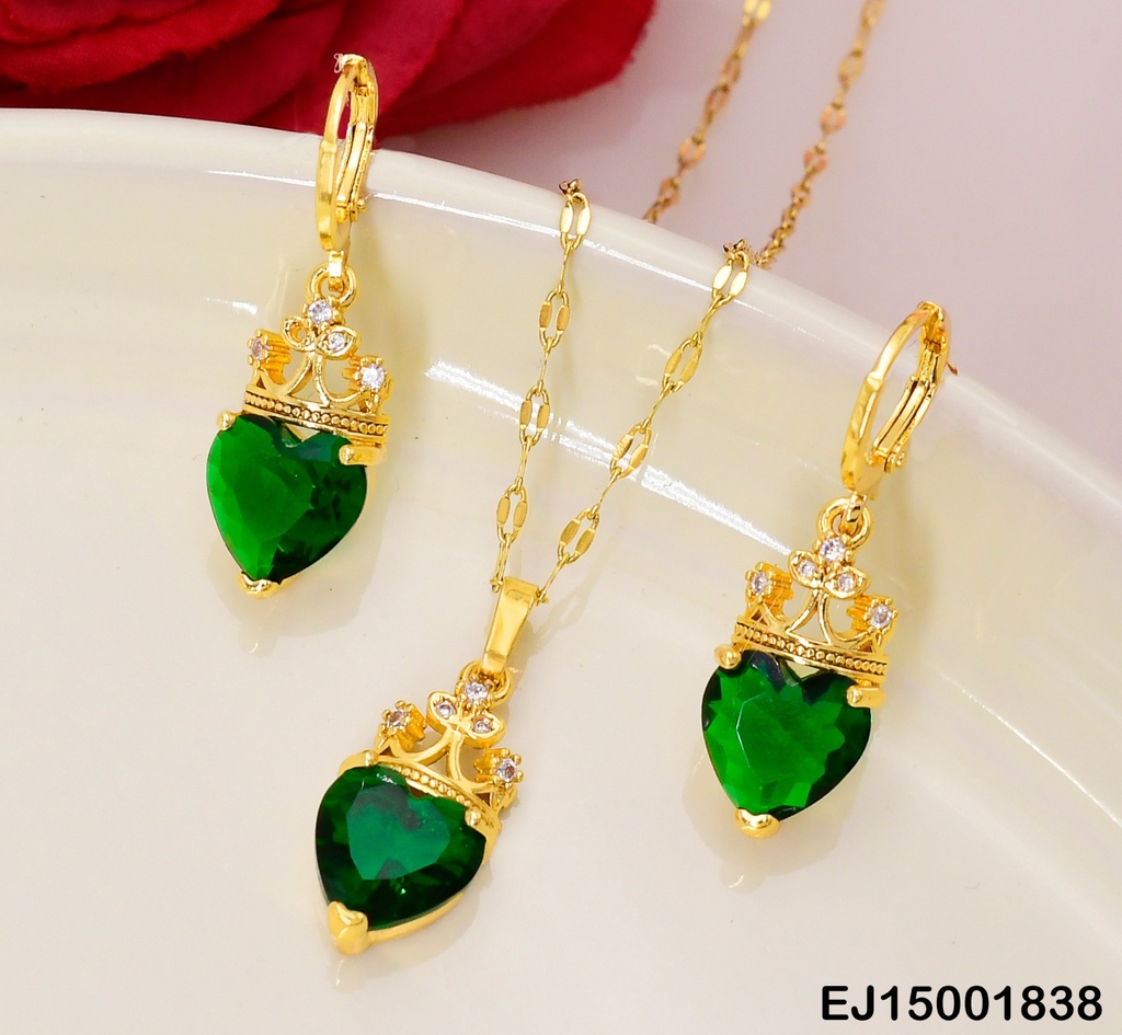 JUEGO ARETES COLGANTE/ DIJE CORAZN VERDE SE217-10