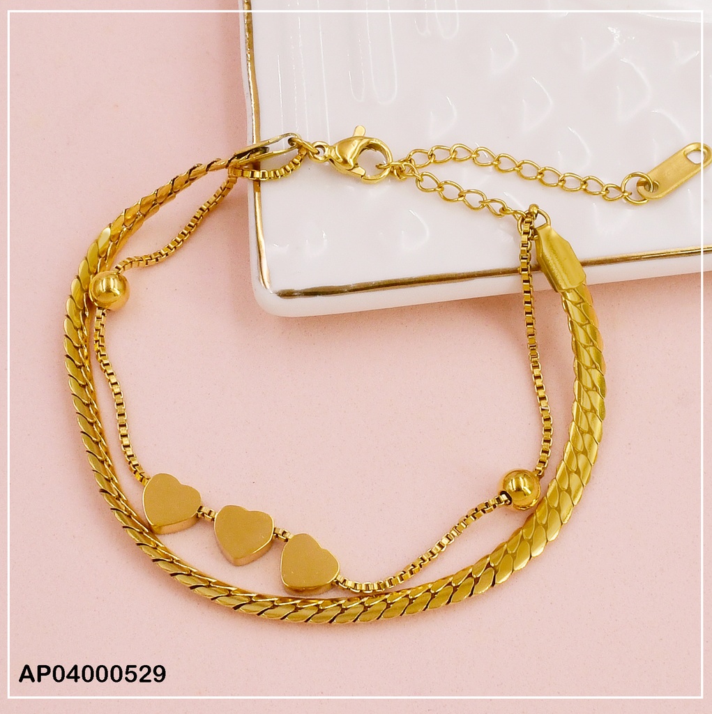 PULSERA DOBLE MARTILLADA/FINA DIJES 3 PLACAS CORAZÓN