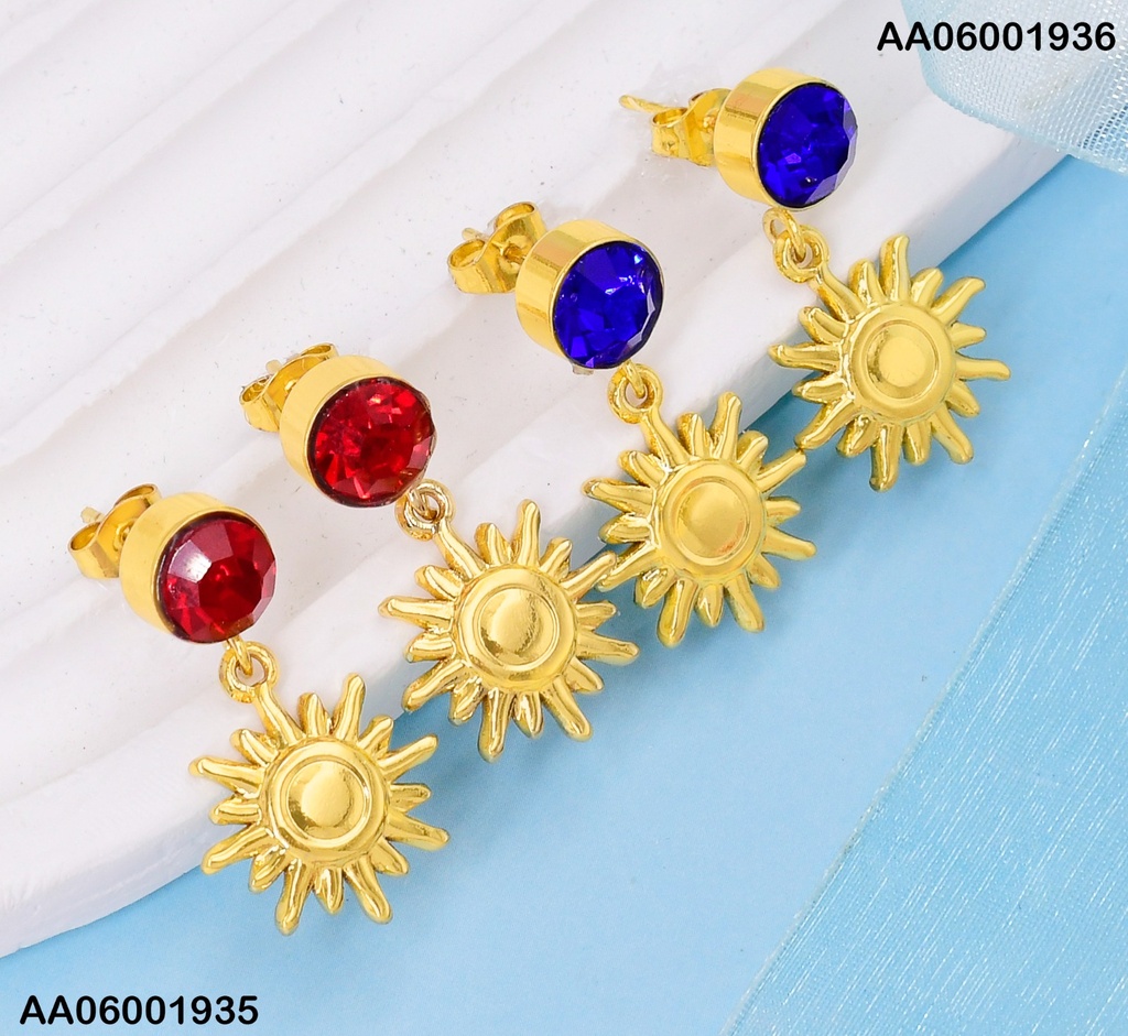 ARETES ZIRCONIA RD.ROJA C/SOL DOR. COLGANTE