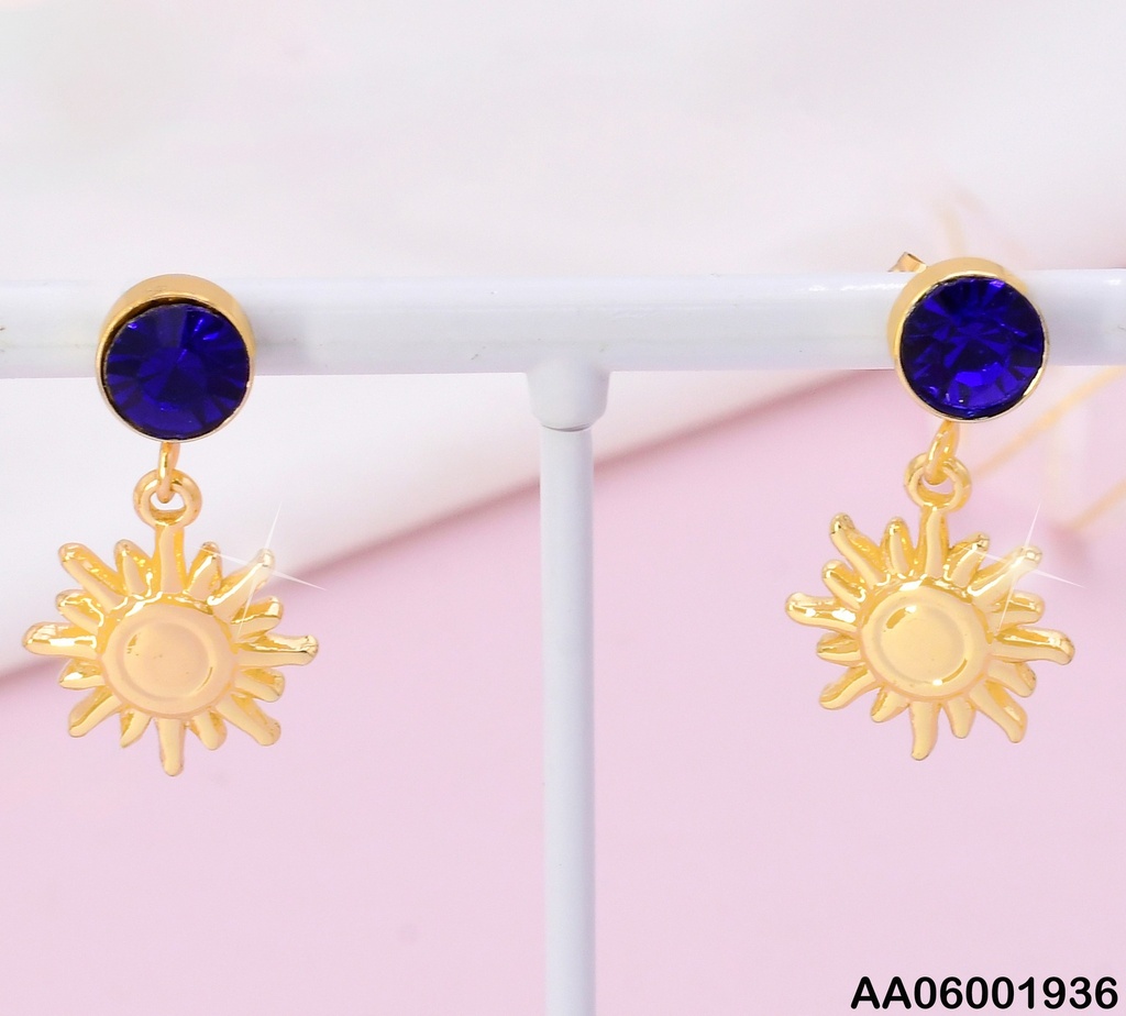 ARETES ZIRCONIA RD.AZUL C/SOL DOR. COLGANTE