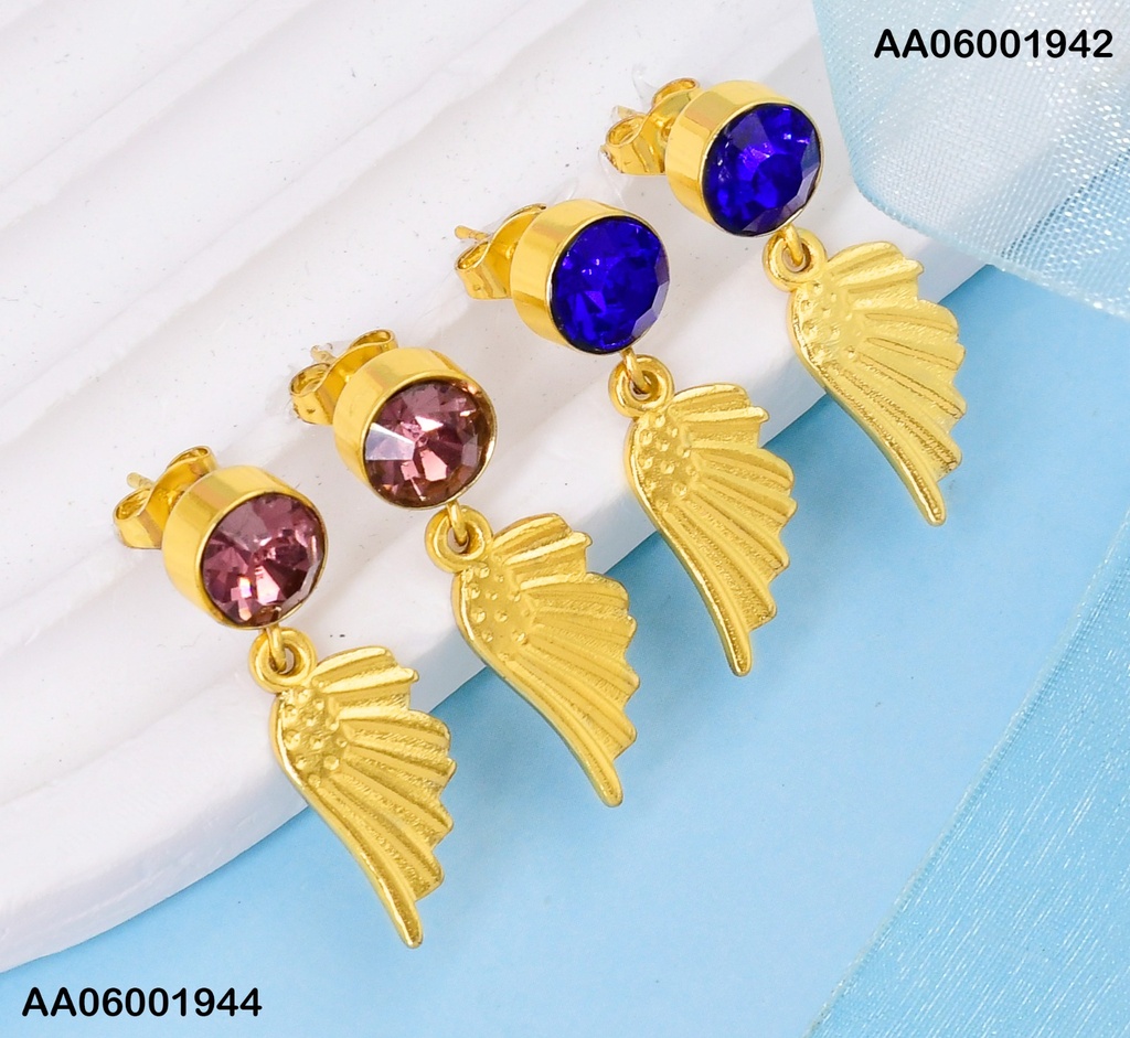 ARETES ZIRCONIA RD.AZUL C/ALA DOR. COLGANTE