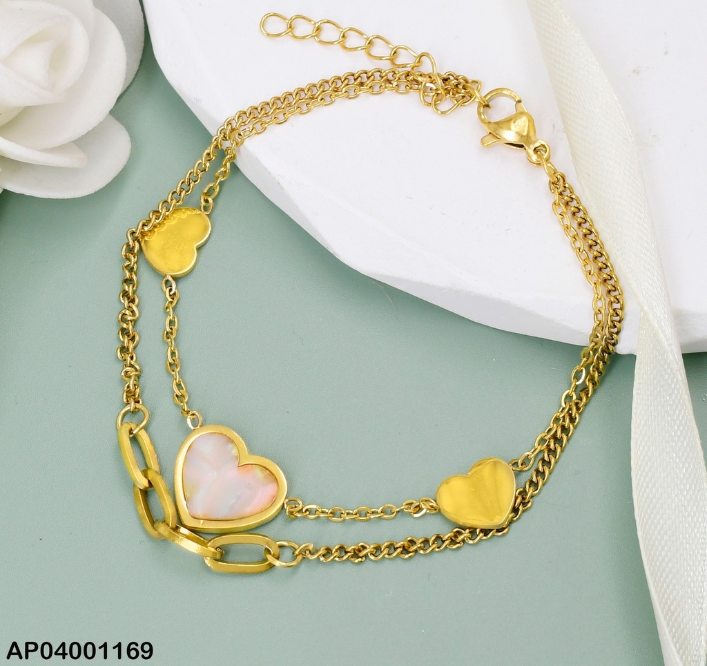 PULSERA DOBLE 3 CORAZONES/ESLAB.ALARGADOS