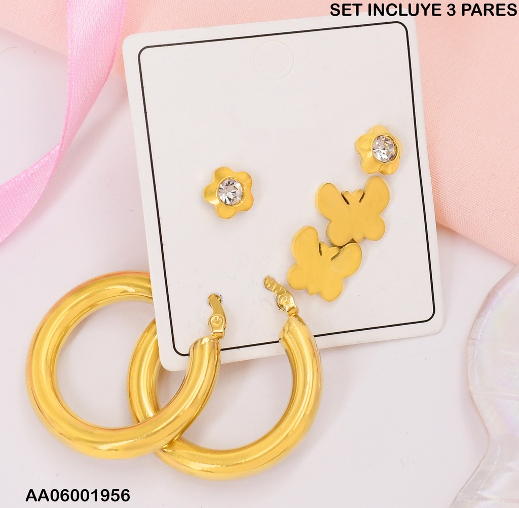 PAQ. DE 3 PARES ARGOLLA-FLOR-MARIPOSA-# 0745691-W07