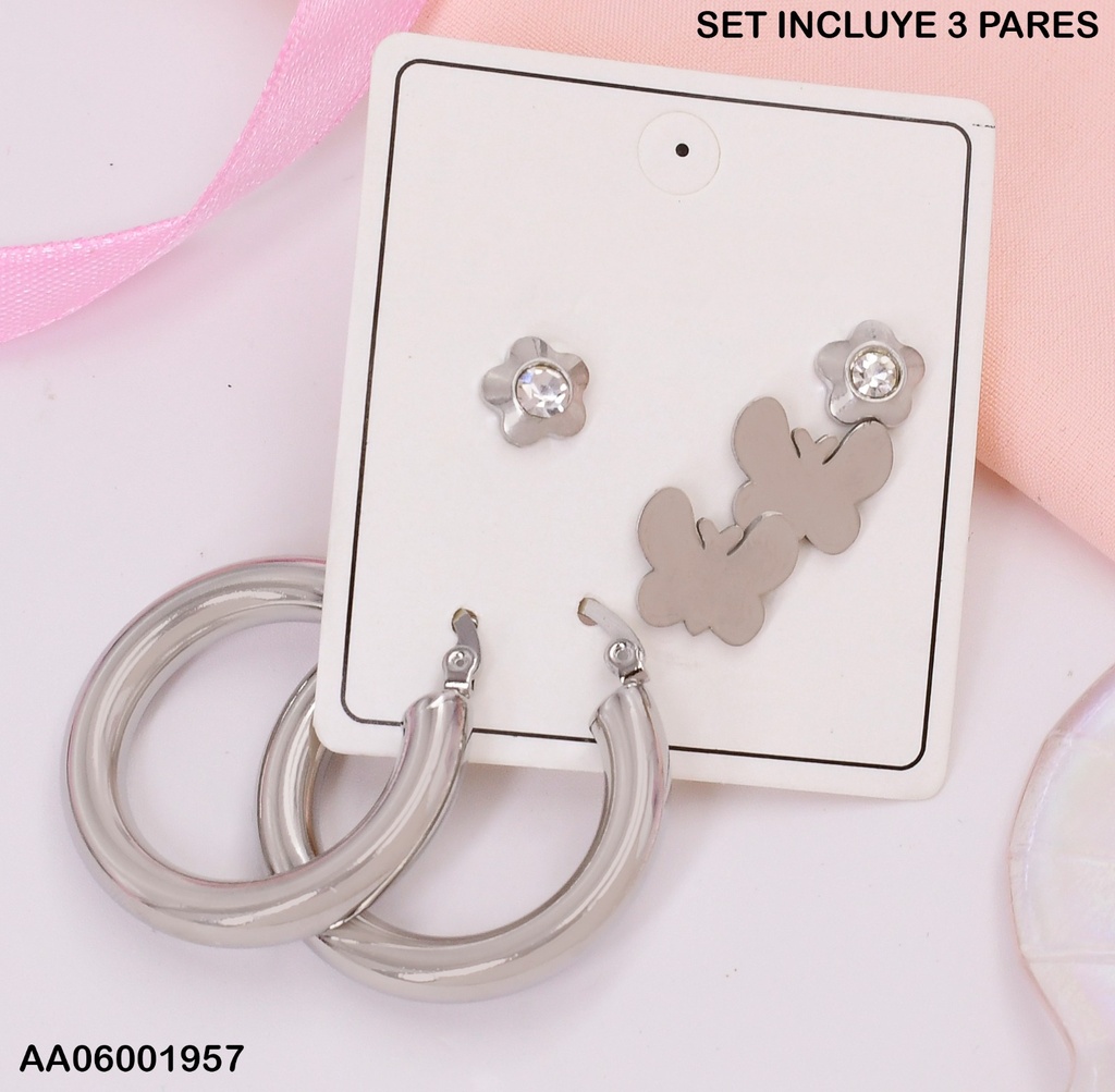 PAQ. DE 3 PARES PLATD. ARGOLLA-FLOR-MARIPOSA . #0745692-W07