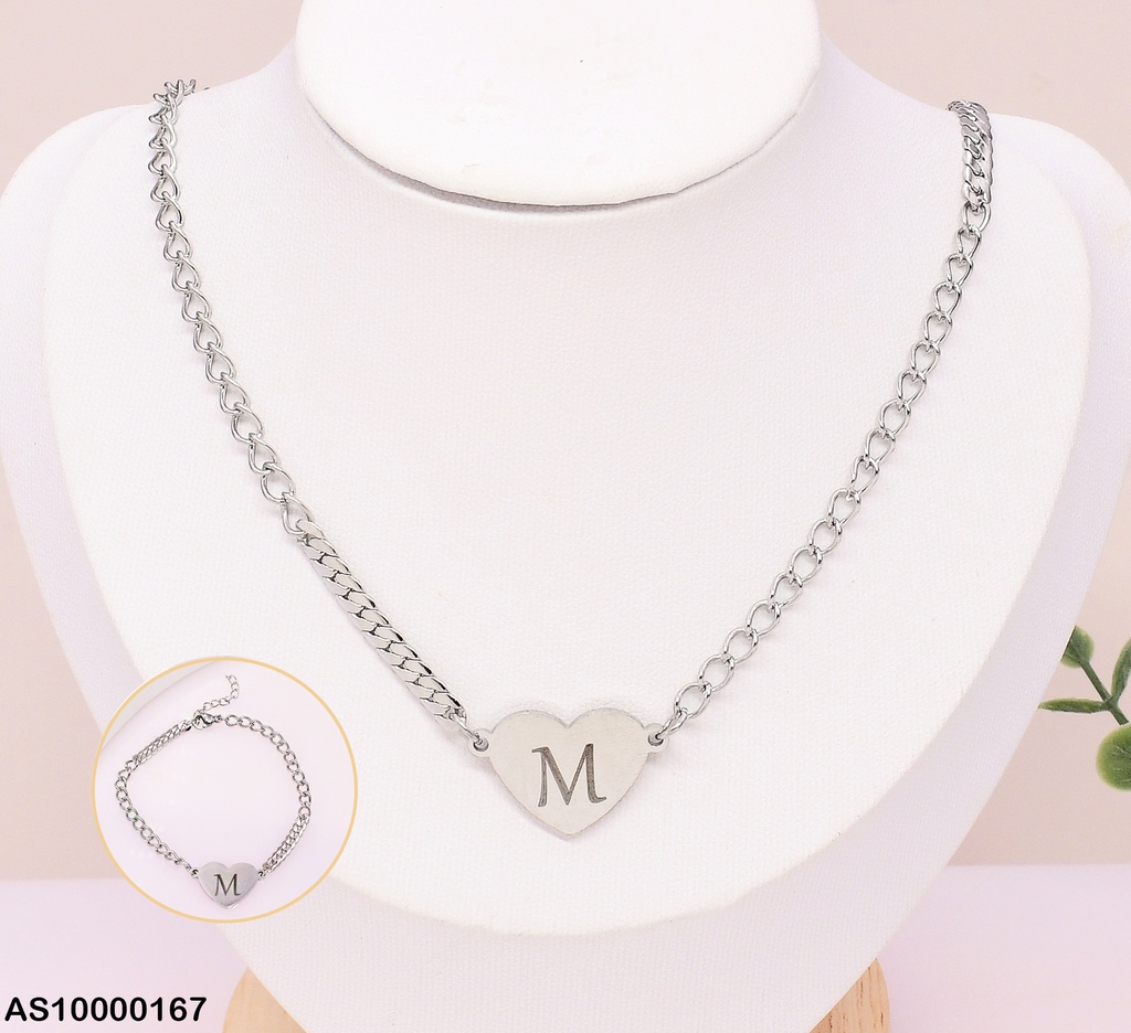 SET PLAT. MARTILLADO DIJE CORAZON LETRA"M" C/PULSERA
