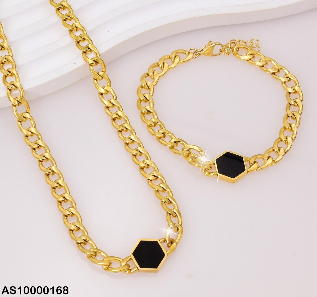 SET CADENA-PULSERA MARTILLADAS HEXÁGONO NEGRO