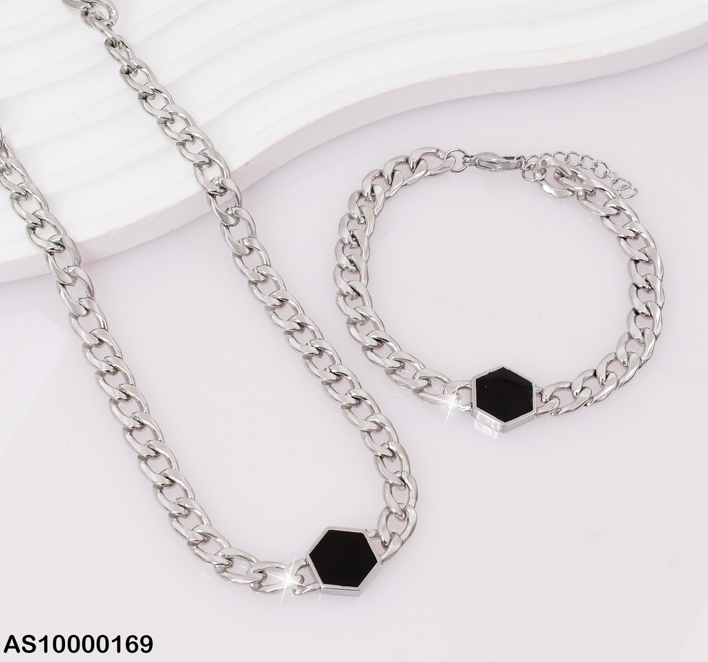 SET PLAT.CADENA-PULSERA MARTILLADAS HEXÁGONO NEGRO