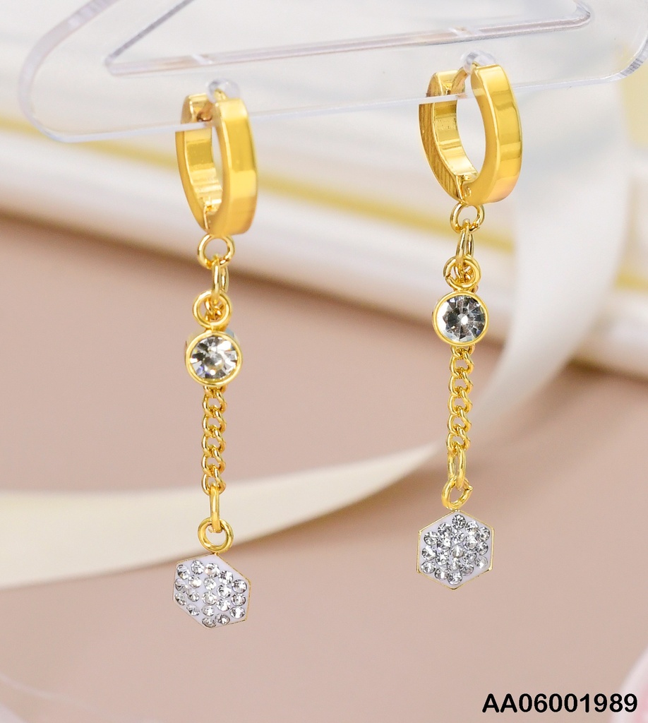 ARETES HUGGIES LARGOS PLACA HEXAGONO C/ZIRCONIAS