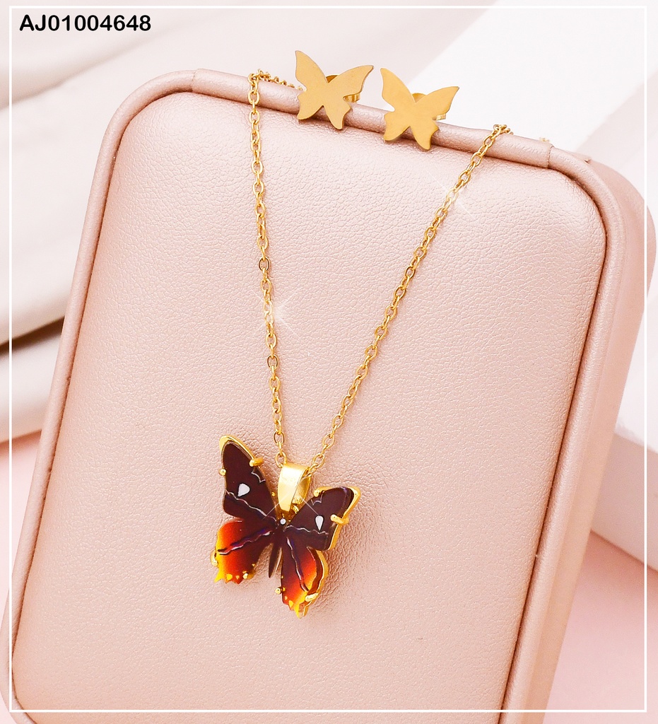 JUEGO MARIPOSAS ARETES PLACAS DIJE:CAFE-ROJO