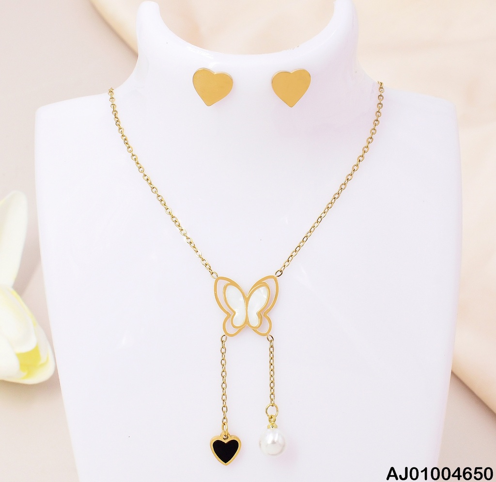 JUEGO DIJE MARIPOSA NACAR C/🖤-⚪ COLGANTES ARETES PLACA💛 (NPE2025)