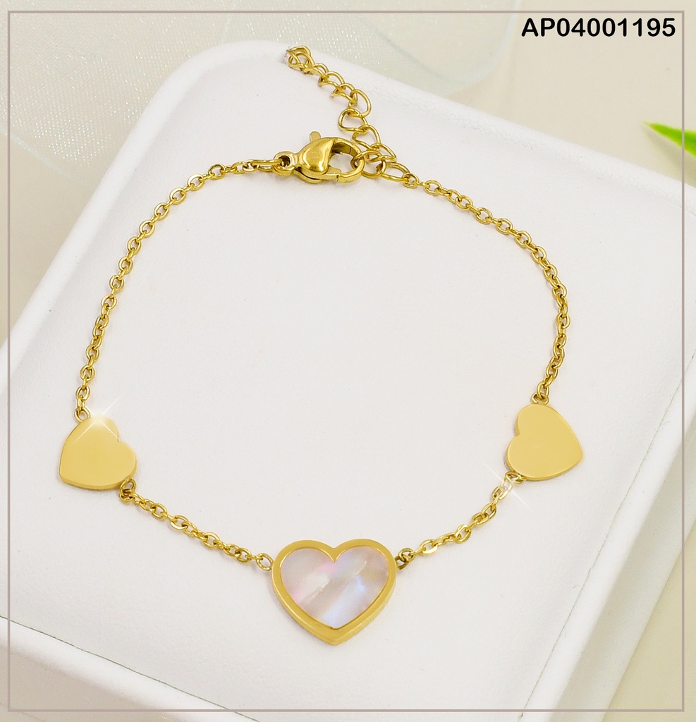 PULSERA FINA 3 CORAZONES 2 PLACAS/NACAR CENTRO