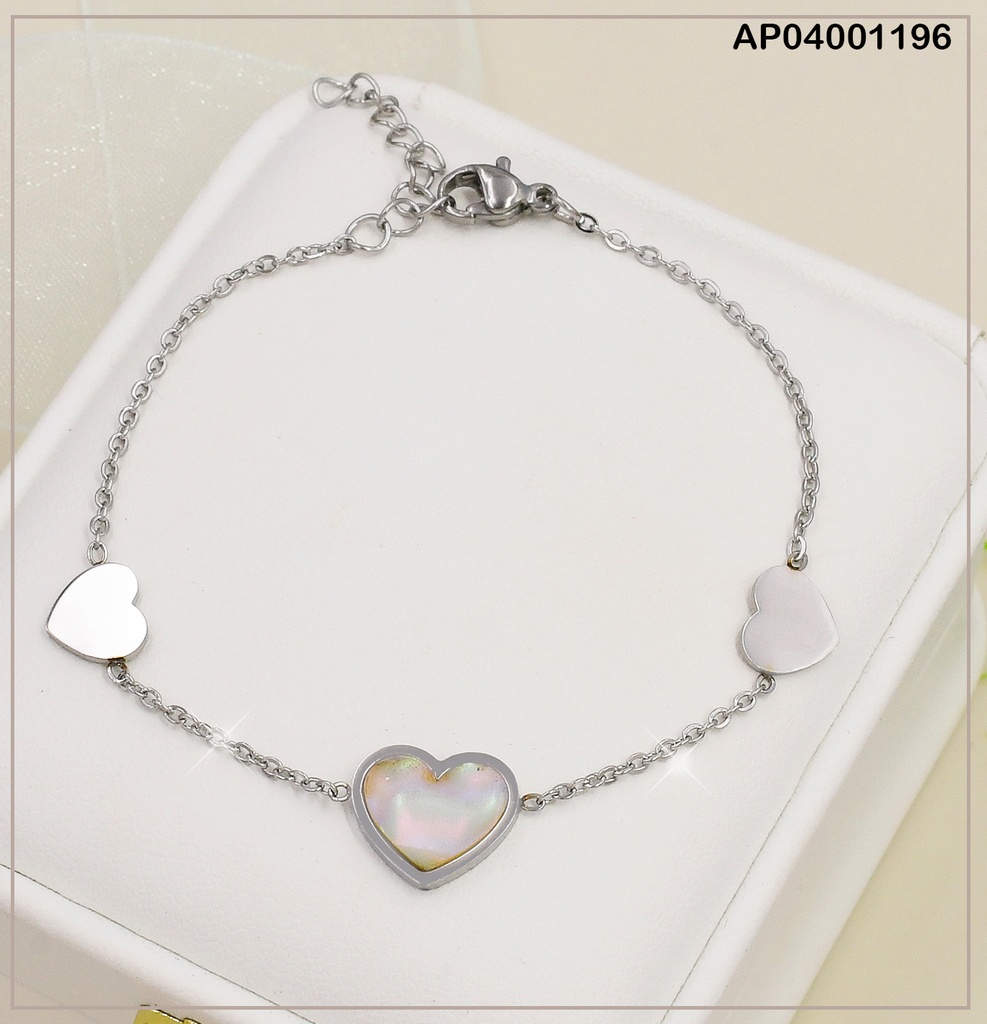 PULSERA PLAT.FINA 3 CORAZONES 2 PLACAS/NACAR CENTRO