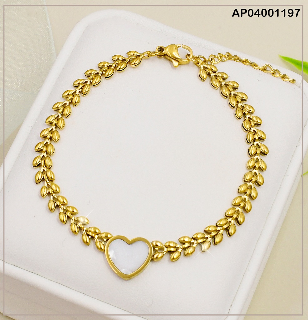 PULSERA HOJAS DE OLIVO CENTRO CORAZON NACAR
