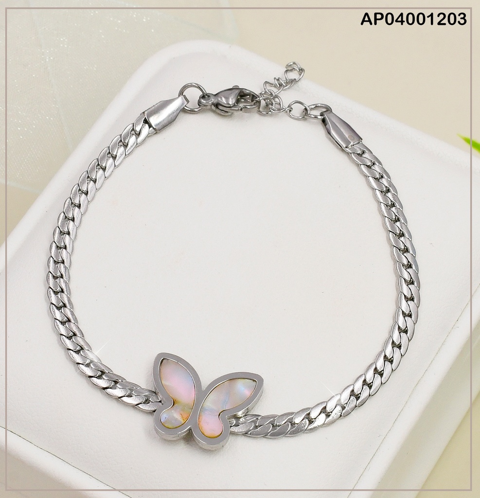 PULSERA PLAT. MARTILLADA CENTRO MARIPOSA NACAR