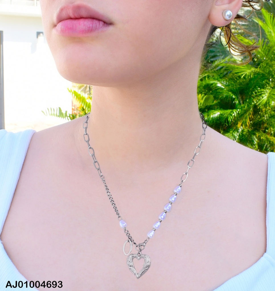 JUEGO PLAT. CAD.PERLAS/MARTILLADA DIJE:CROQUI♡CORRUGADO-"0"