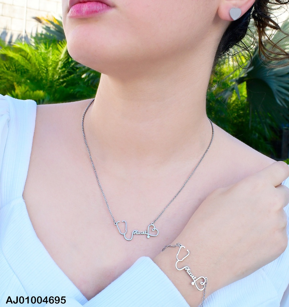 JUEGO PLAT. ARETES💛 CAD.🩺"HEART"♡ C/PULSERA