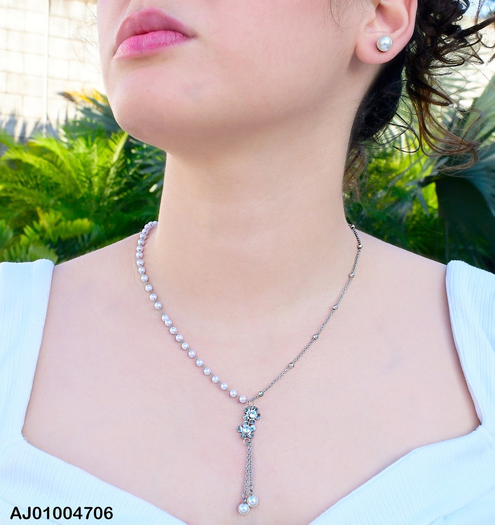 JUEGO PLAT. PERLAS COLGANTE 2 FLORES ZIRC.RD CENTRO