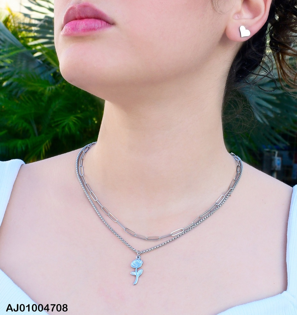 JUEGO PLAT. DOBLE CAD.DIJE ROSA ARETES PLACA💛