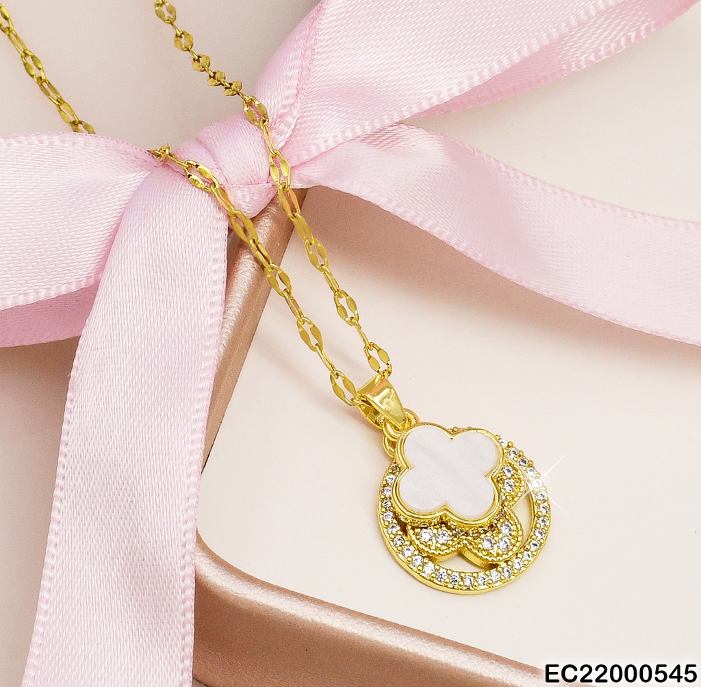 CADENA C/DIJE DOBLE FLOR 4 PET.BLANCA/ZIRC.CIRCULO