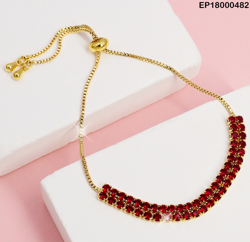 PULSERA AJUSTABLE DOBLE LINEA ZIRC. ROJAS # BE091-10