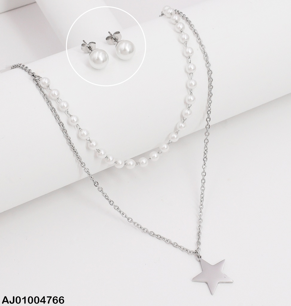 JUEGO PLAT. PERLAS DOBLE CAD.PERLITAS/TRAD.DIJE PLACA ESTRELLA
