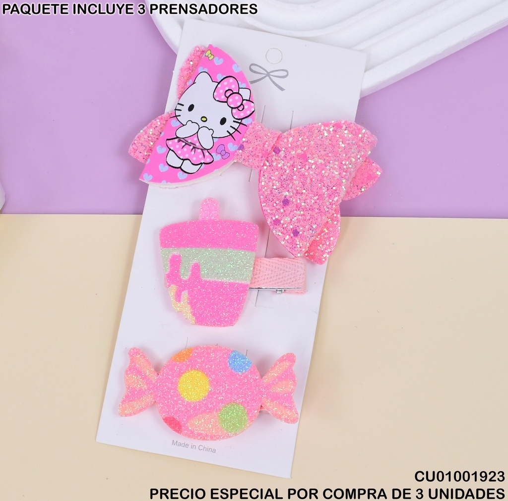 SET 3 PRENSADORES ESCARCHADOS HELLO KITTY B3948-3G
